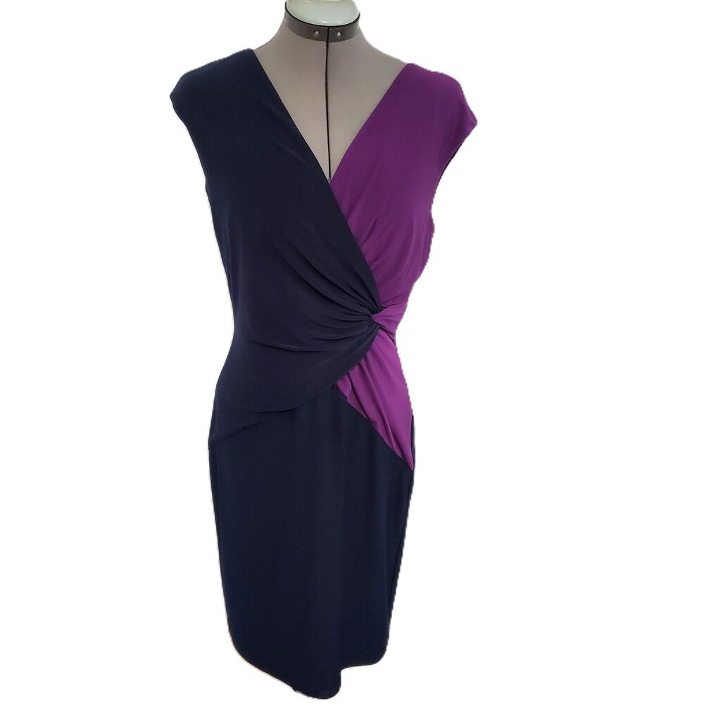 Ralph Lauren Navy Blue Purple Sleeveless Dress Wm Size 10 Cocktail Chic Business